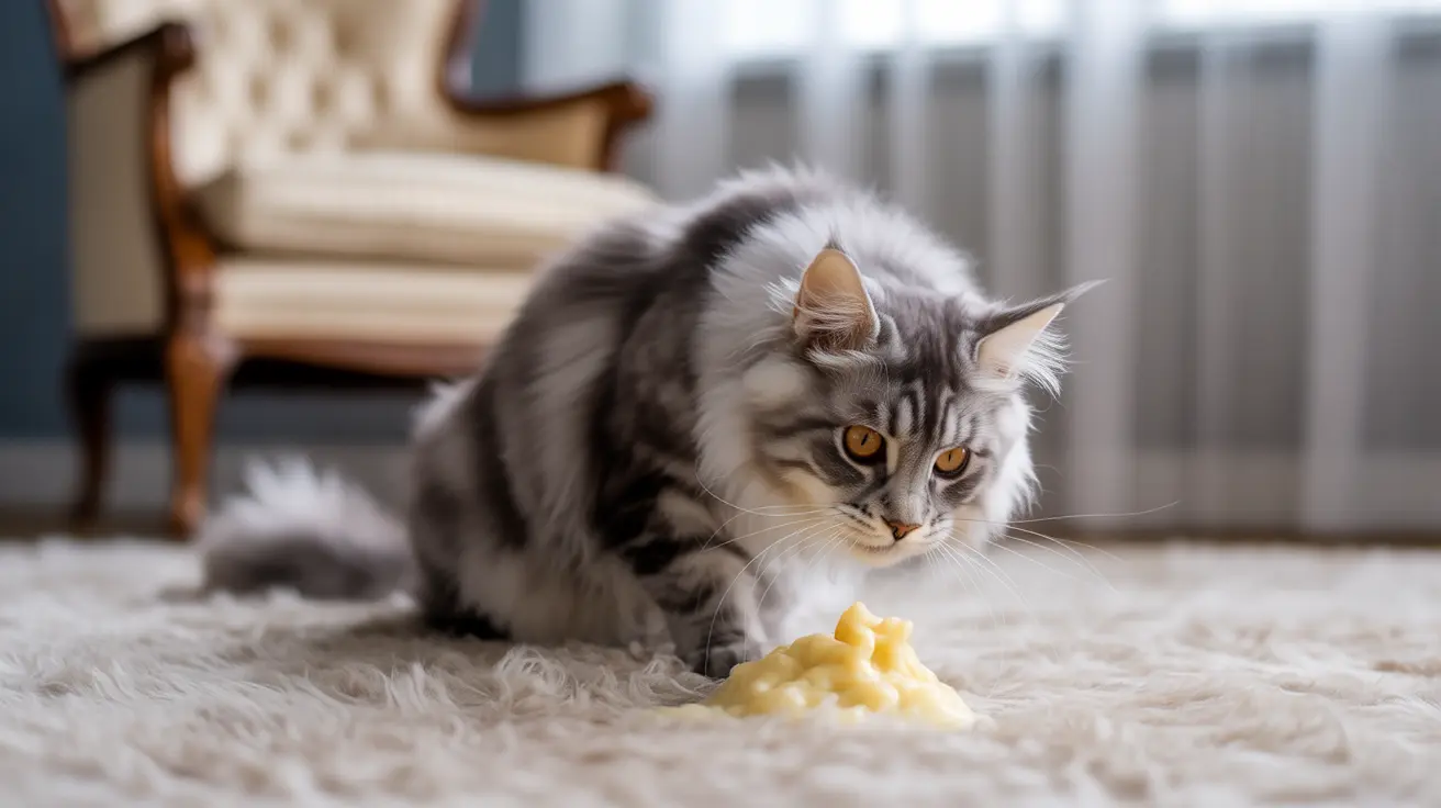 Fluffy gray and white Maine Coon cat sitting on a soft carpet near a pile of yellow food