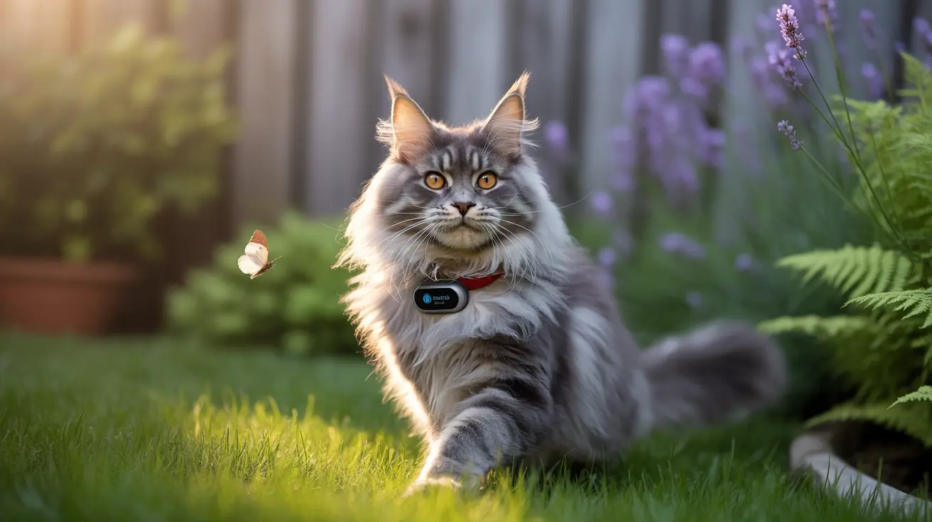 A majestic Maine Coon cat on a green lawn with a butterfly and lavender flowers