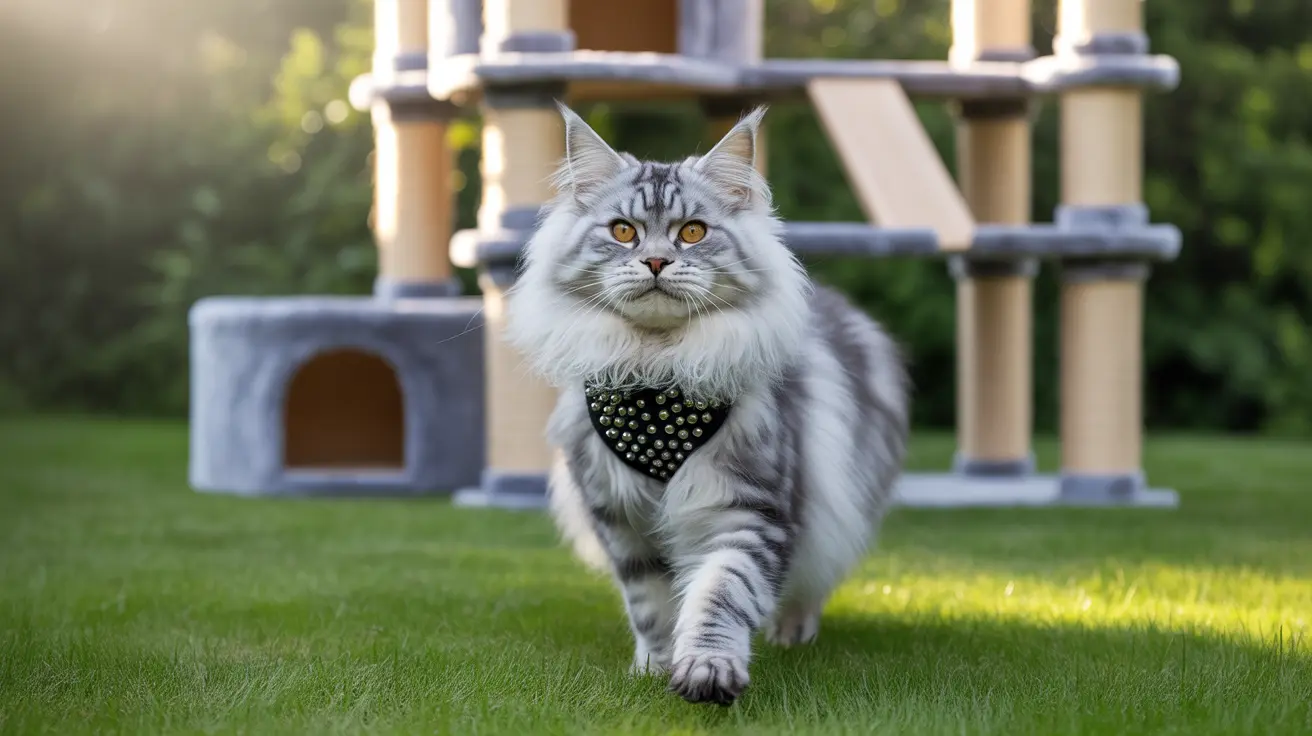Majestic Maine Coon cat walking confidently across a green lawn with a cat tree in the background
