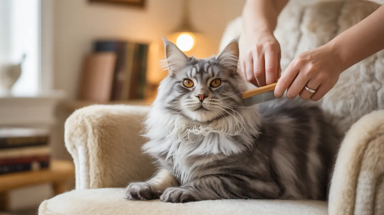 A fluffy gray and white Maine Coon cat being groomed with a metal comb on a cream-colored armchair