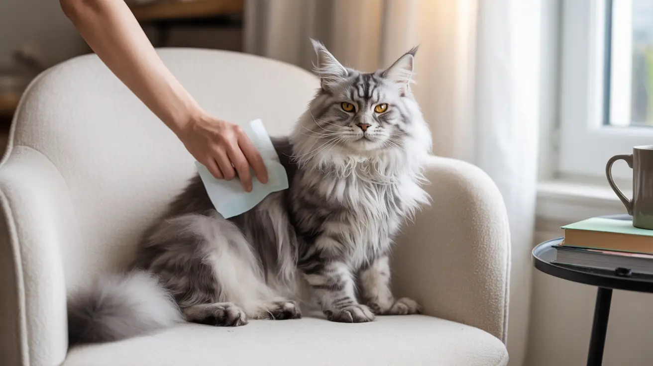 A fluffy silver tabby Maine Coon cat being groomed with a brush on a beige armchair