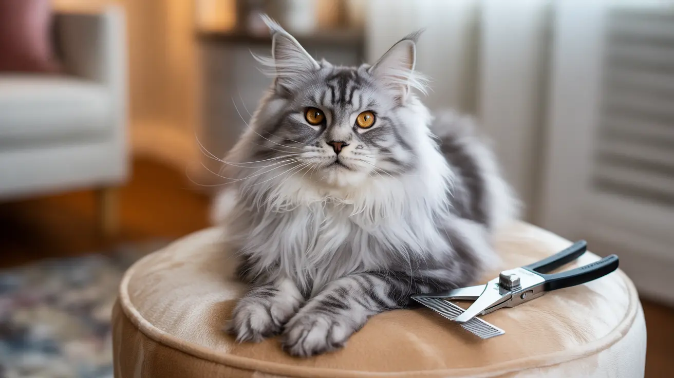 A majestic silver and white Maine Coon cat sitting on a beige cushion with grooming clippers nearby