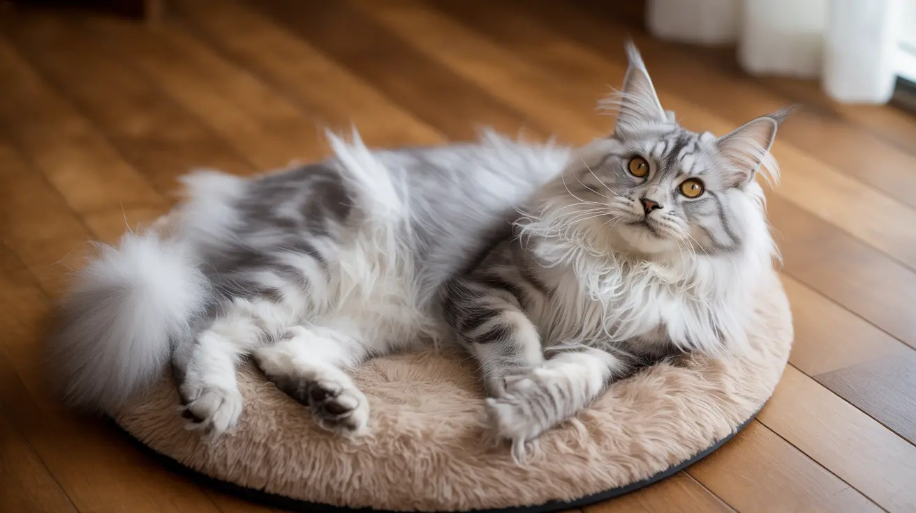 Maine Coon cat with long fluffy fur lying comfortably on a round pet bed indoors