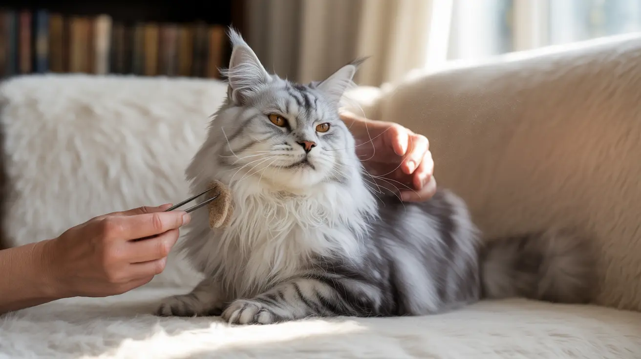 A large, fluffy Maine Coon cat being groomed on a cozy couch with bookshelves in the background