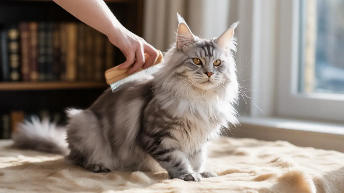 Un gato Maine Coon esponjoso siendo cepillado con un cepillo en un acogedor ambiente interior.