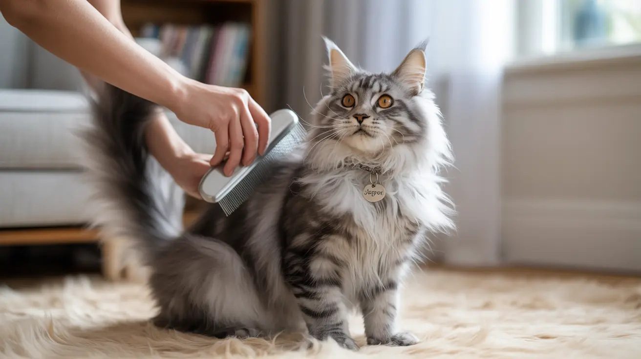 A fluffy gray and white Maine Coon cat being groomed with a brush inside a cozy home
