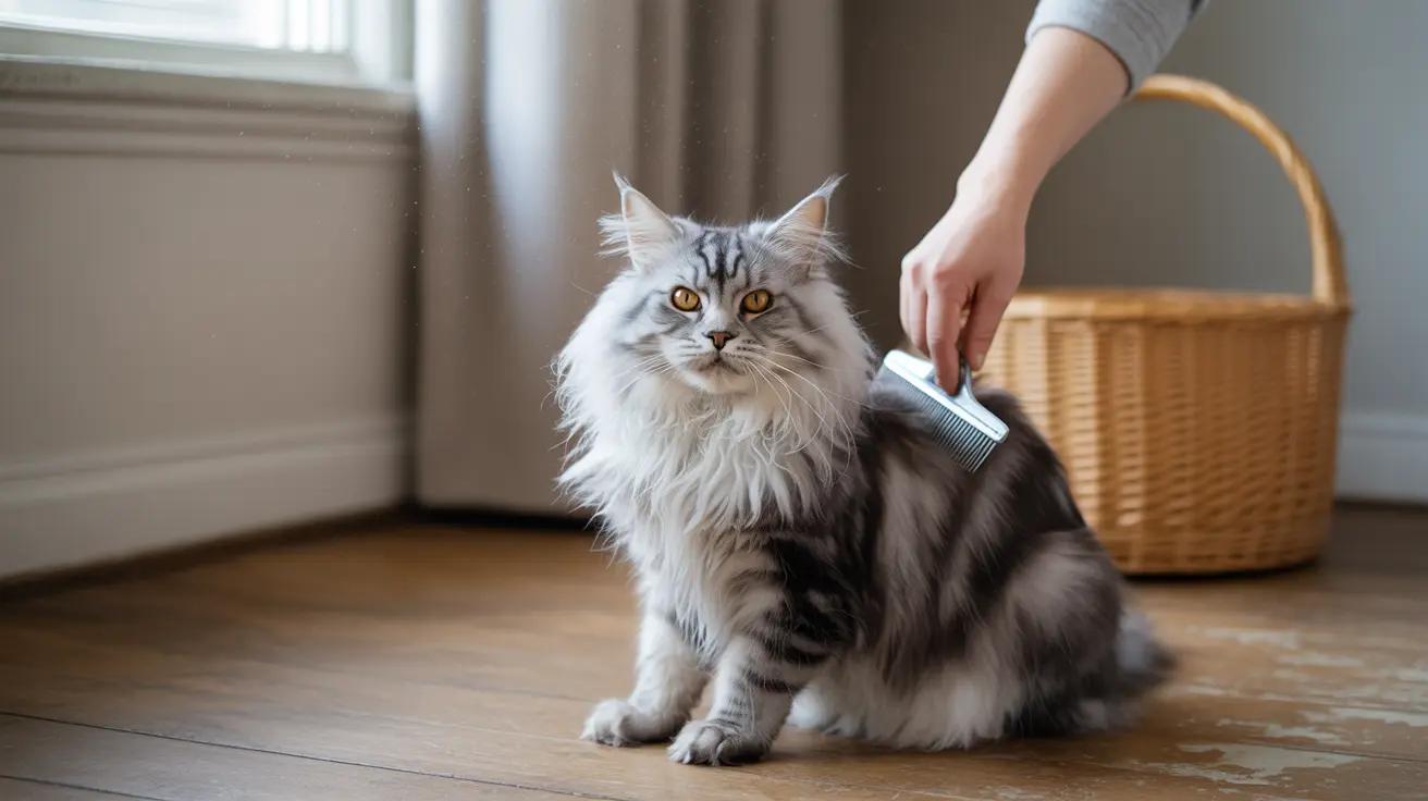 A fluffy white and gray Maine Coon cat being groomed with a brush at home