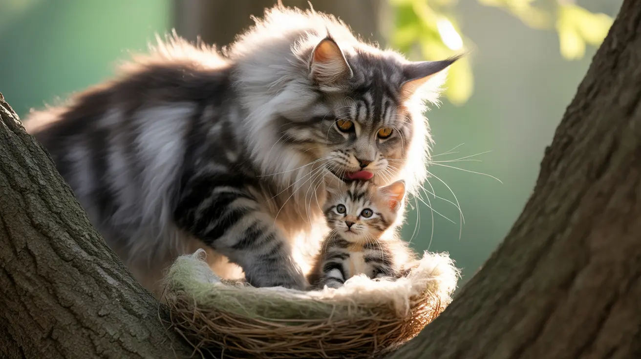An adult Maine Coon cat grooming a small kitten in a cozy nest between tree branches