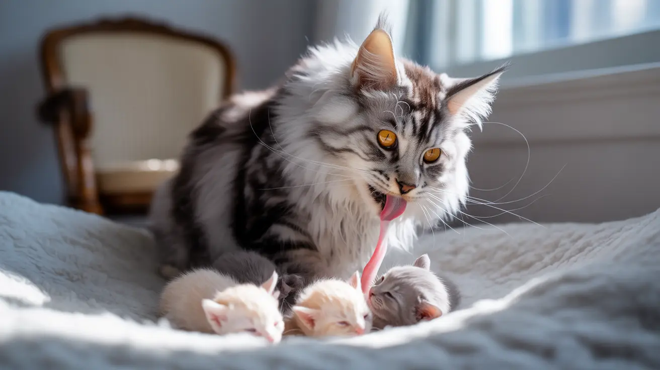 A Maine Coon cat grooming her kittens on a soft bed near a window