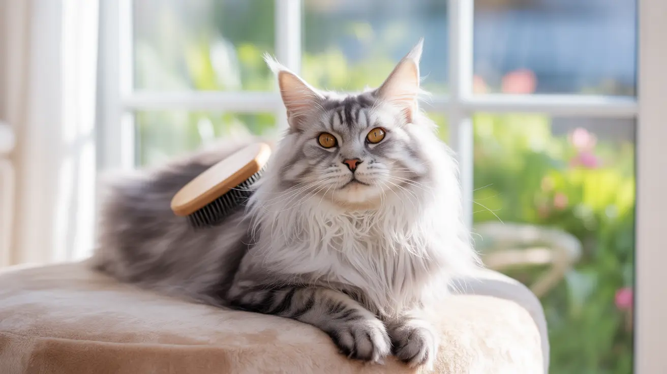 A fluffy silver and white Maine Coon cat sitting regally near a window with a grooming brush nearby
