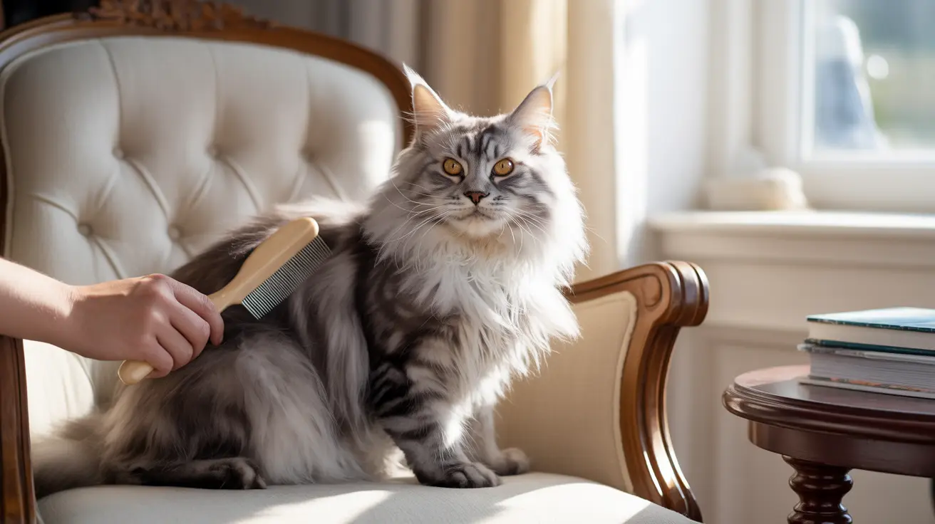 ふわふわした灰色と白のメインクーン猫が、上品な白い椅子に座りながらブラシで毛づくろいをされている様子