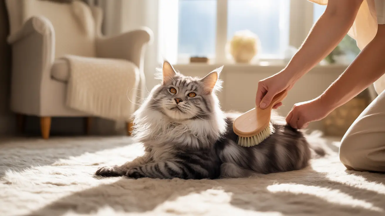 A fluffy gray and white Maine Coon cat being gently brushed by a person on a soft carpet near a window