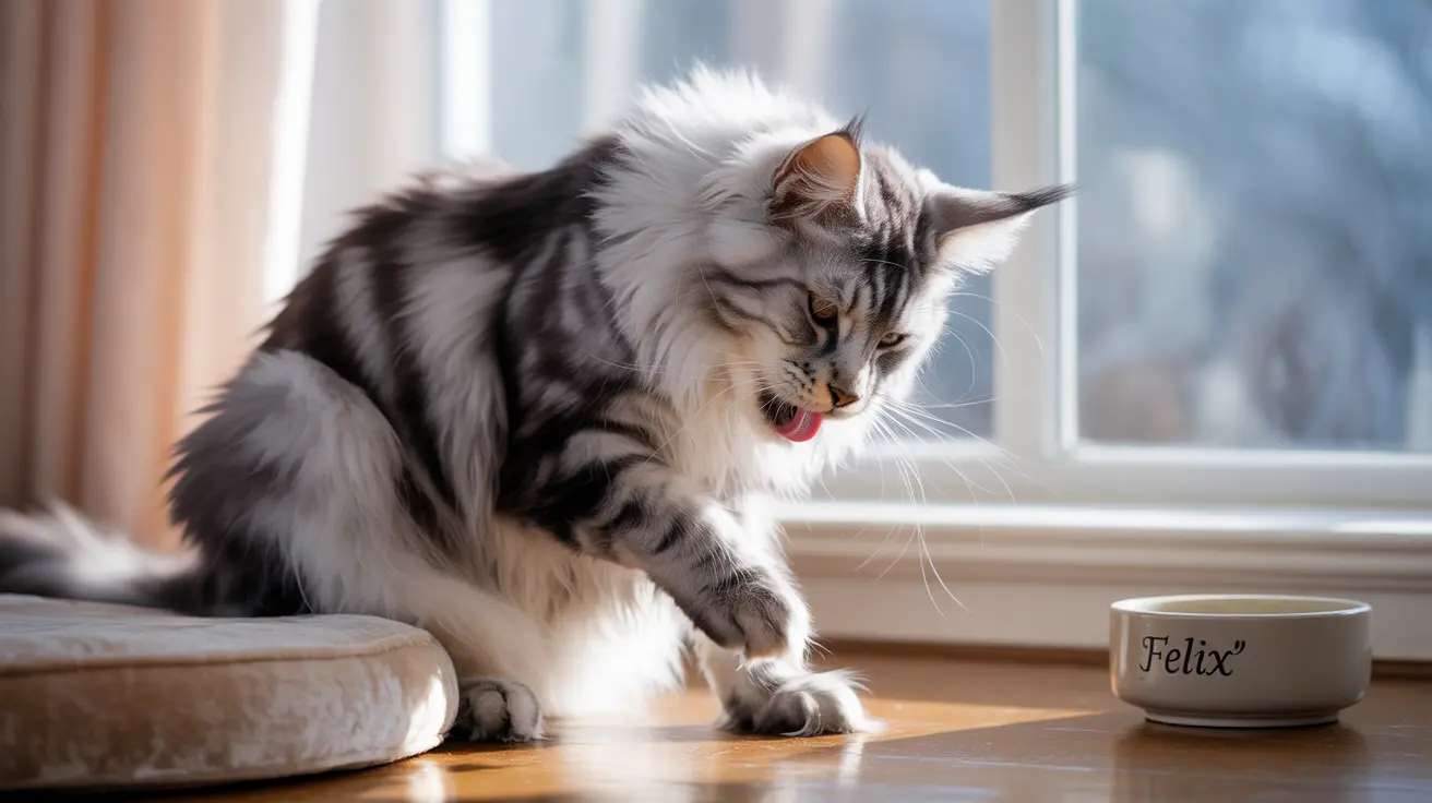 A fluffy black and white Maine Coon cat grooming itself near a window