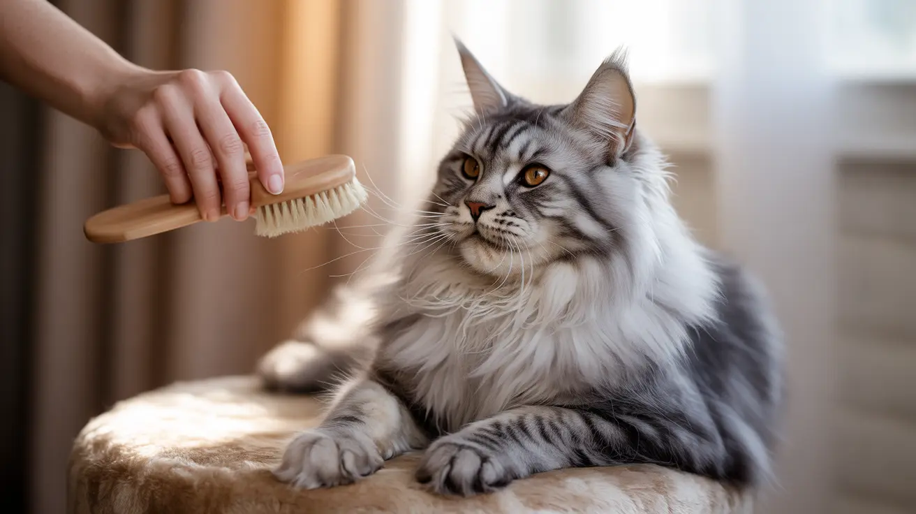 A majestic Maine Coon cat being groomed with a wooden brush