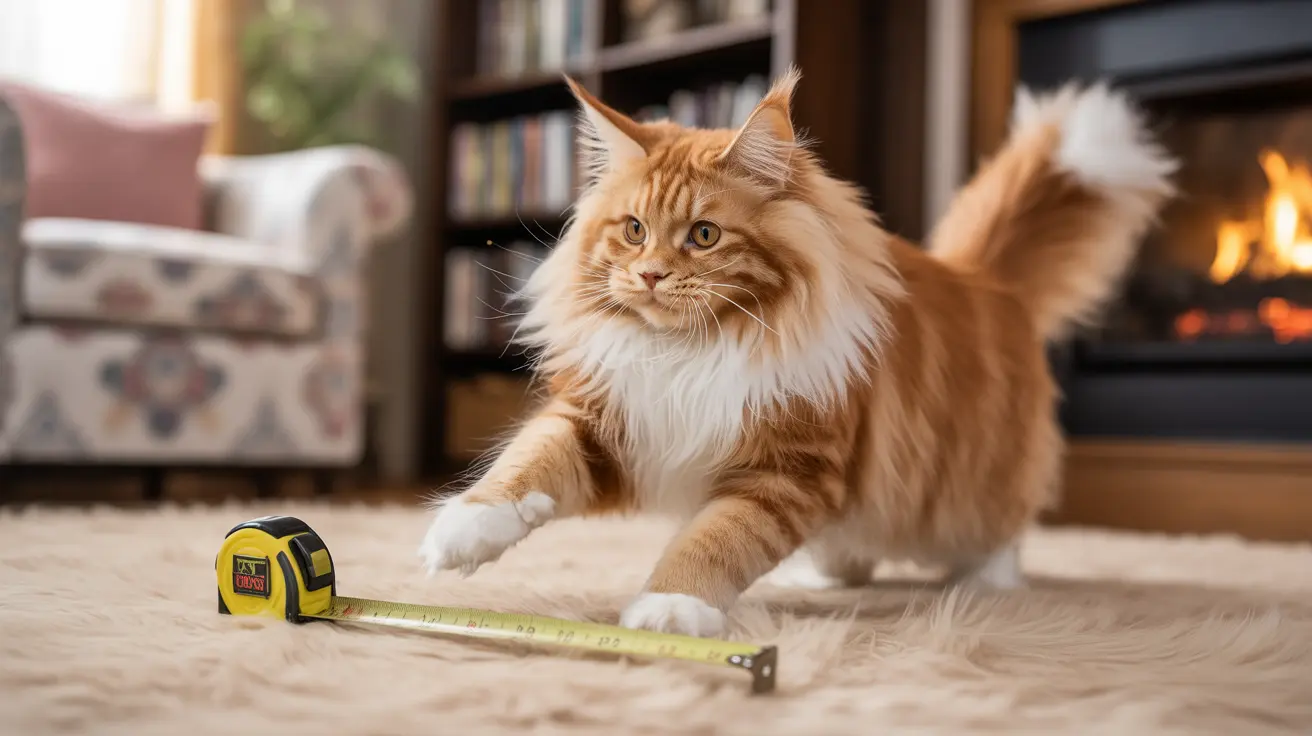 A fluffy orange and white Maine Coon cat near a measuring tape on a soft carpet with a fireplace and bookshelf