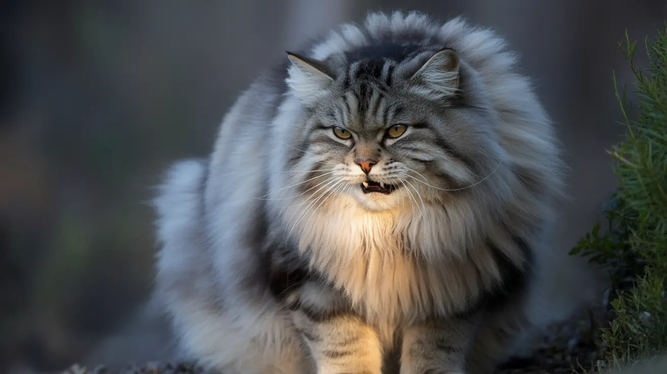 A large, fluffy Maine Coon cat with a grumpy expression sitting outdoors