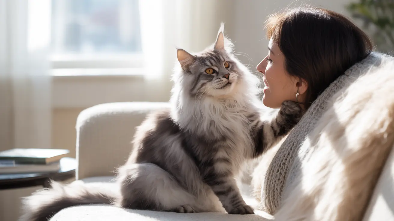 A fluffy Maine Coon cat sitting on a couch next to a person, sharing a peaceful moment indoors
