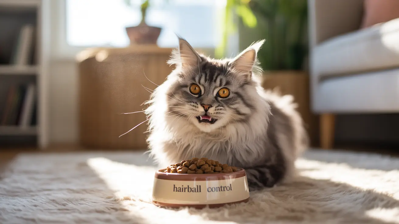 ふわふわの灰色と白のメインクーン猫が「毛玉コントロール」フードボウルの隣に座り、少し開いた口と明るい黄色の目をしている様子