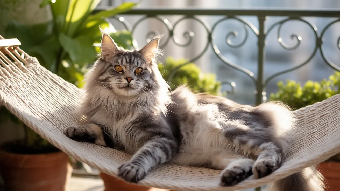 Fluffy Maine Coon cat relaxing in a hammock on a sunny balcony