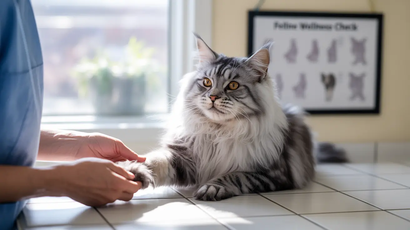 A fluffy silver and white Maine Coon cat sitting on a tiled surface interacting with a person's hand