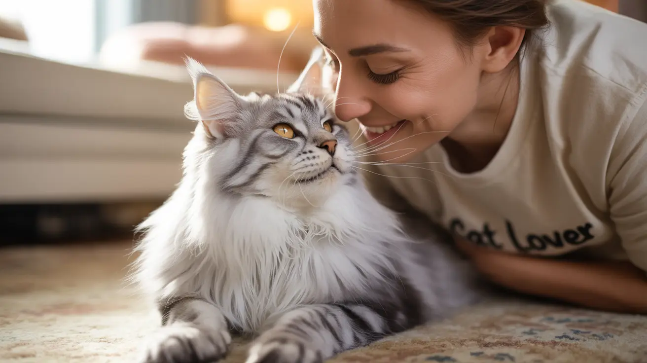 A fluffy silver and white Maine Coon cat sitting close to a smiling person wearing a 'Cat Lover' shirt