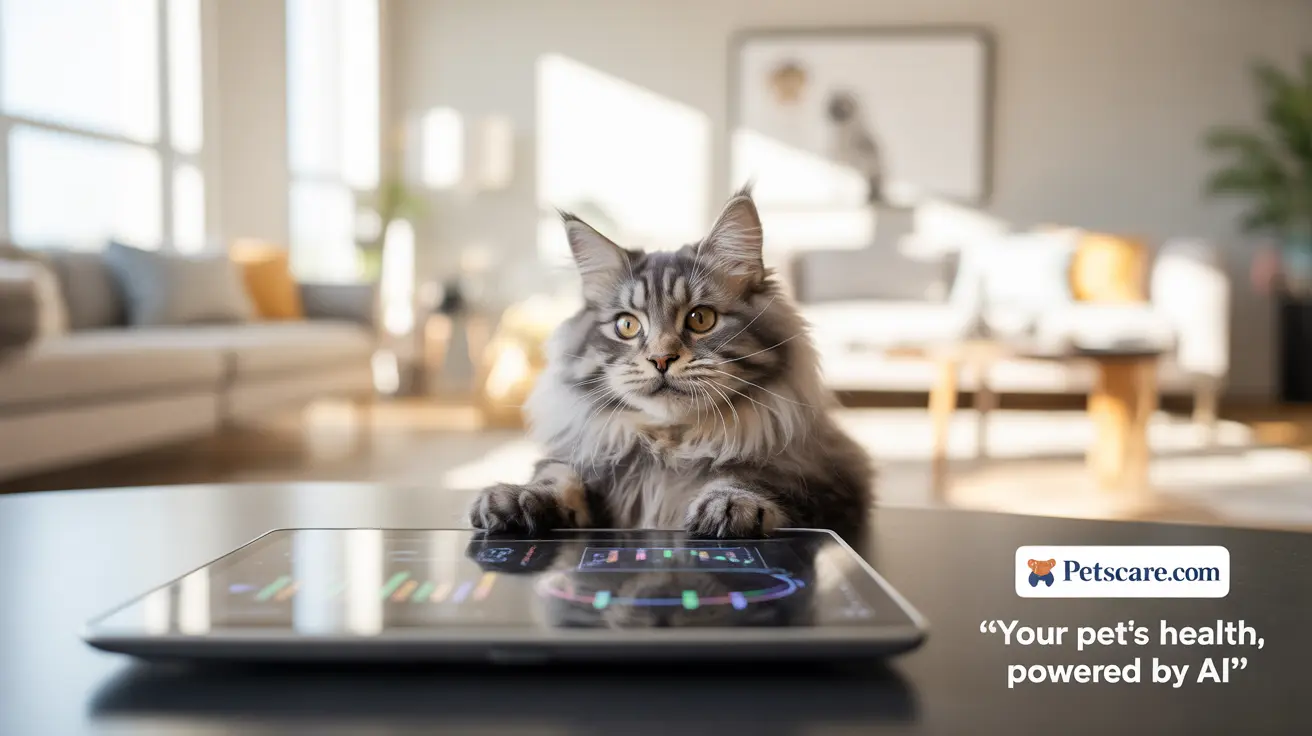 A fluffy Maine Coon cat with a digital health device displaying colorful graphs