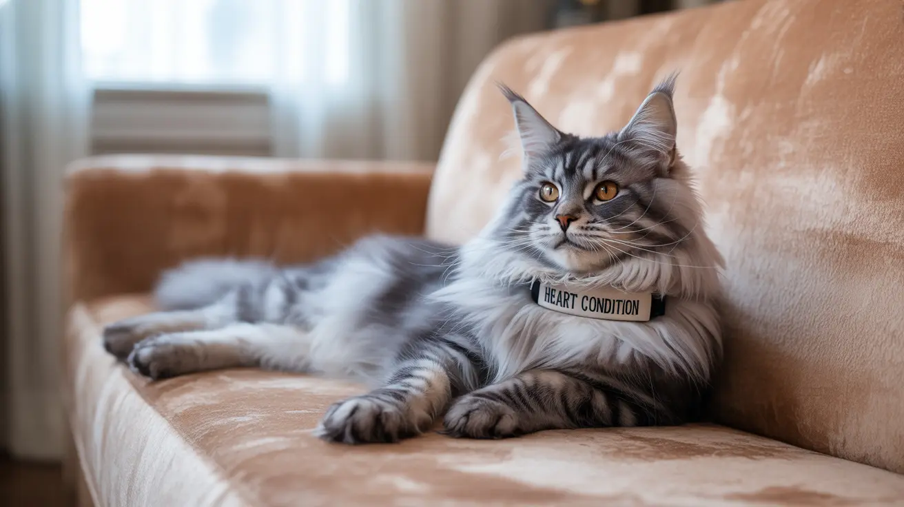 A majestic gray and white Maine Coon cat wearing a 'HEART CONDITION' tag, lounging on a beige couch
