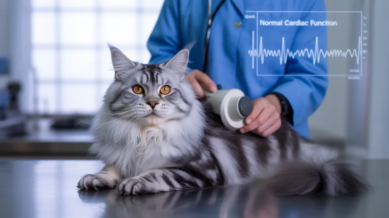 A fluffy Maine Coon cat receiving a cardiac examination from a veterinarian using an ultrasound device