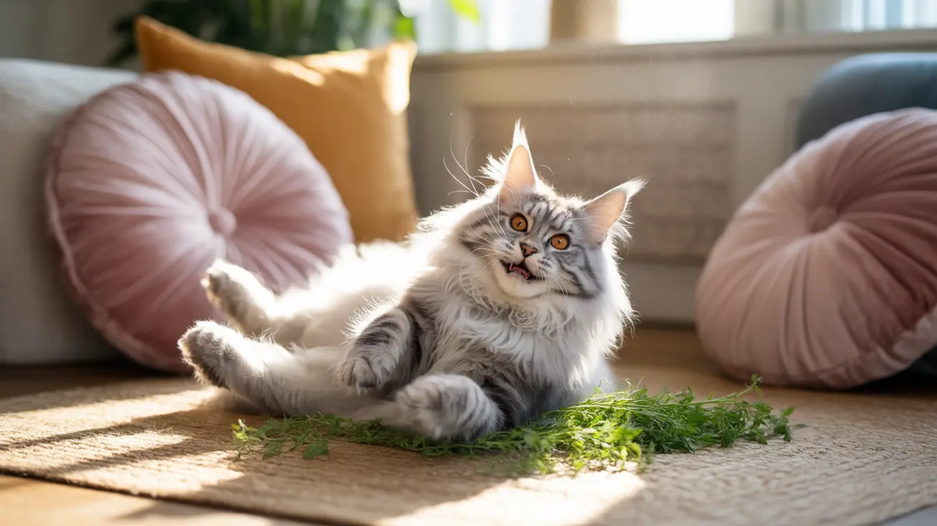 A fluffy Maine Coon cat lounging playfully on the floor with scattered herbs, looking relaxed and slightly open-mouthed