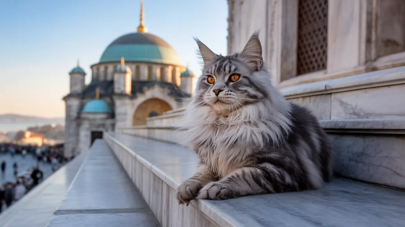 A majestic Maine Coon cat sitting regally on a marble ledge with a historic mosque in the background