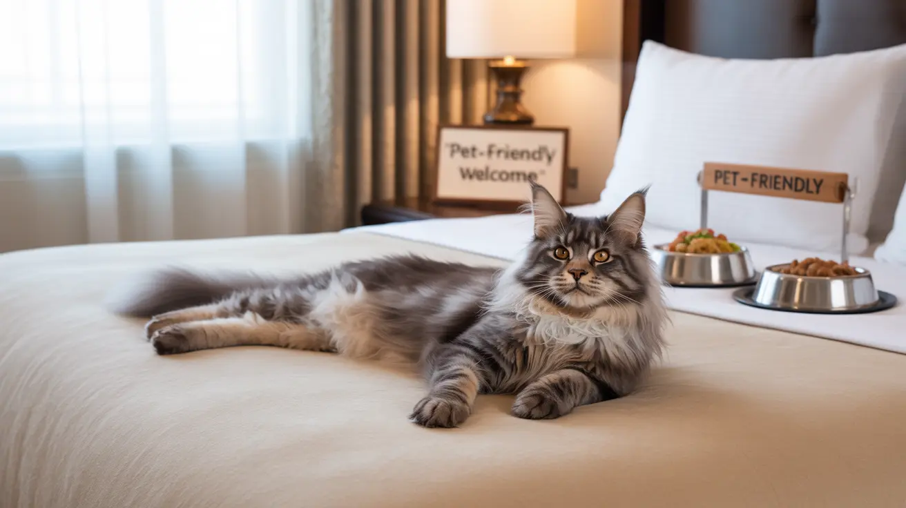 A large, fluffy Maine Coon cat relaxing on a white hotel bed with pet-friendly amenities