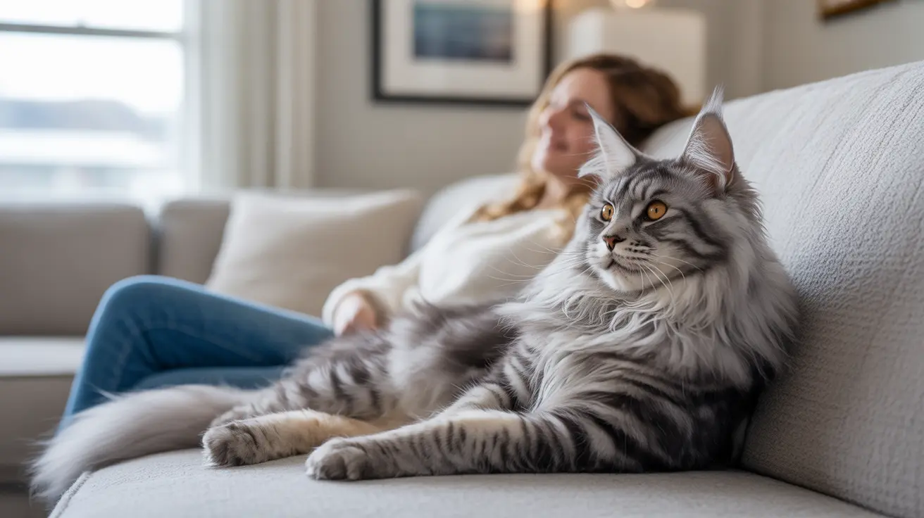 Majestic Maine Coon cat lounging on a gray couch with person resting behind