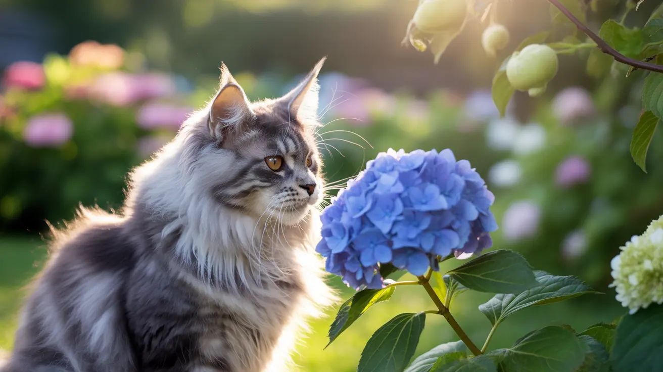 A majestic Maine Coon cat sitting near a blue hydrangea flower in a sunlit garden