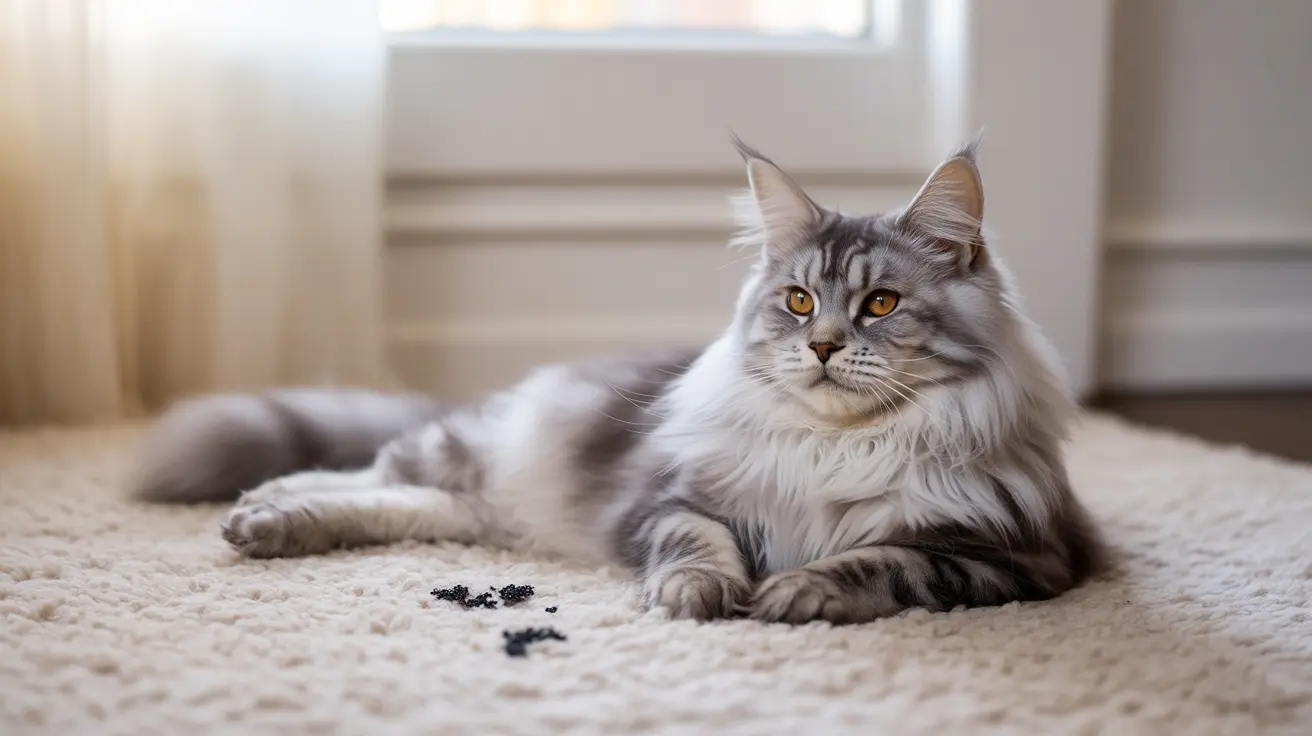 窓辺のベージュのカーペットの上で堂々と休む銀白色のメインクーン猫