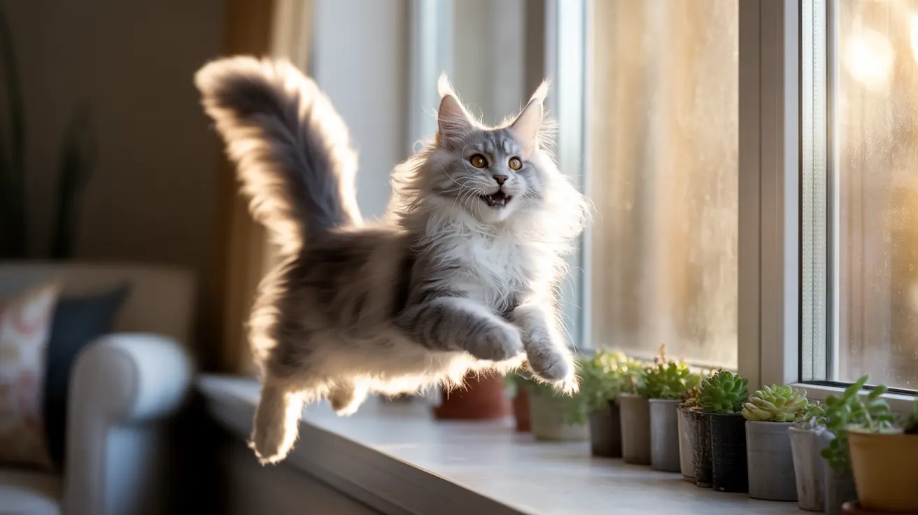 A fluffy white and gray Maine Coon cat leaping dramatically on a windowsill with sunlight illuminating its fur