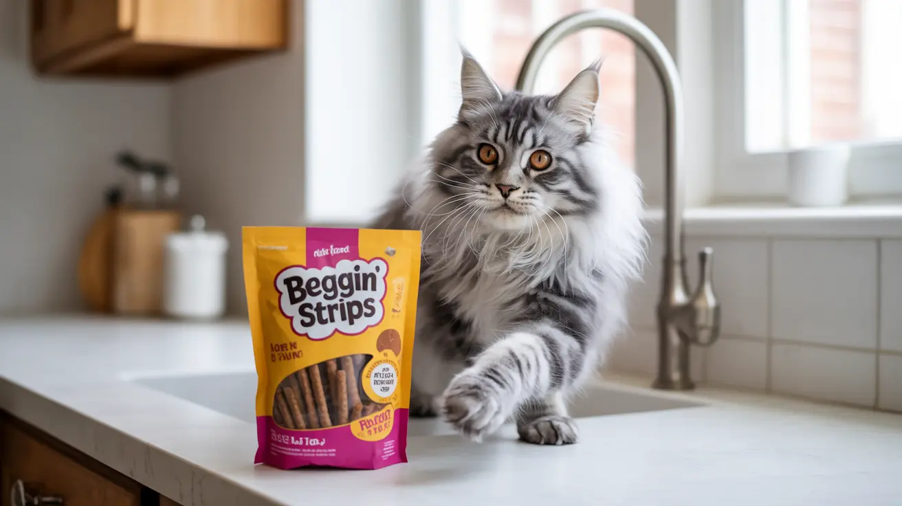 Fluffy gray and white Maine Coon cat sitting on a kitchen counter next to a bag of Beggin' Strips dog treats