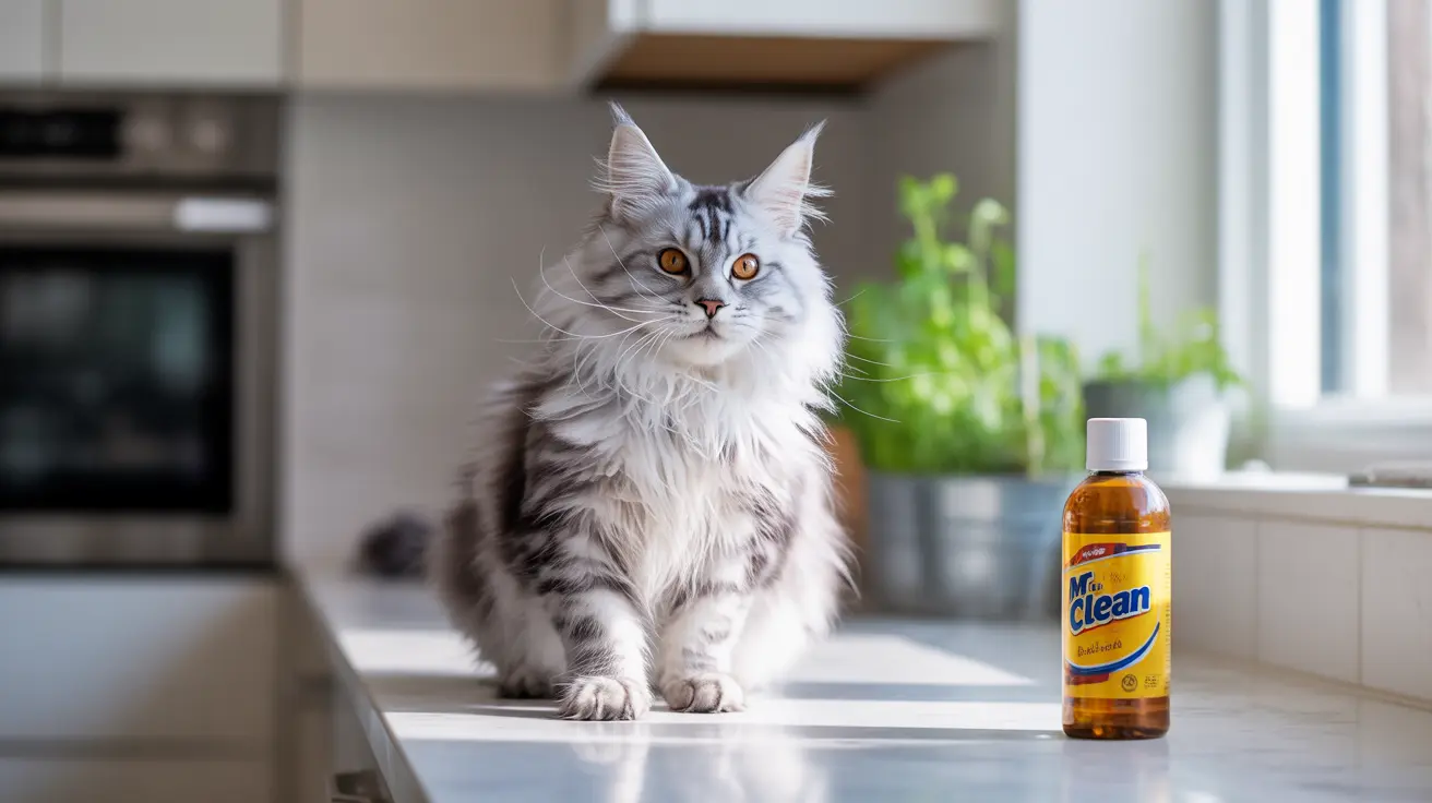 A majestic Maine Coon cat sitting alertly on a kitchen countertop beside a cleaning product bottle