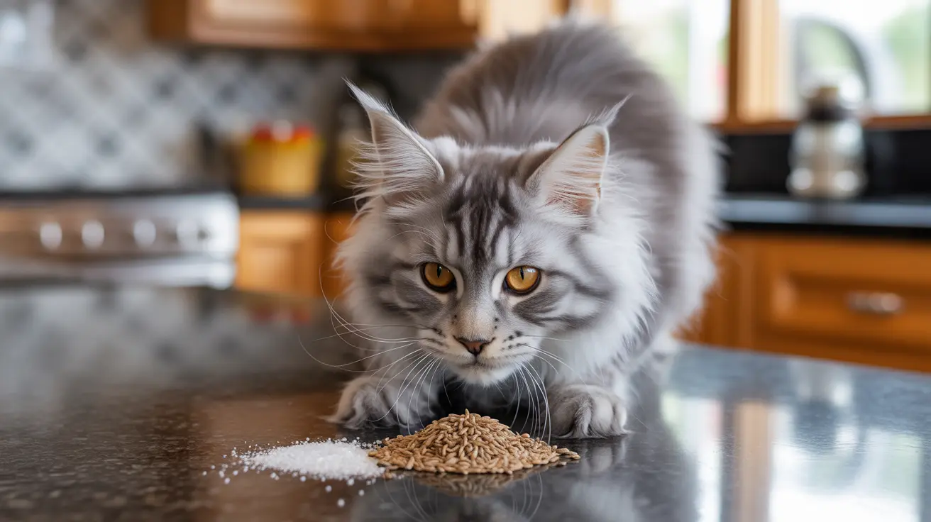 A fluffy Maine Coon cat sitting on a kitchen countertop near piles of grains and salt