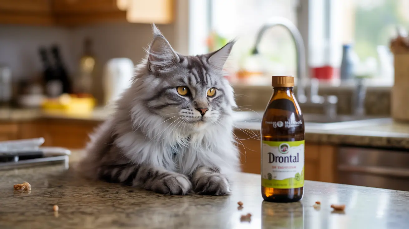 Fluffy gray and white Maine Coon cat sitting on a kitchen counter next to a bottle of Drontal medication