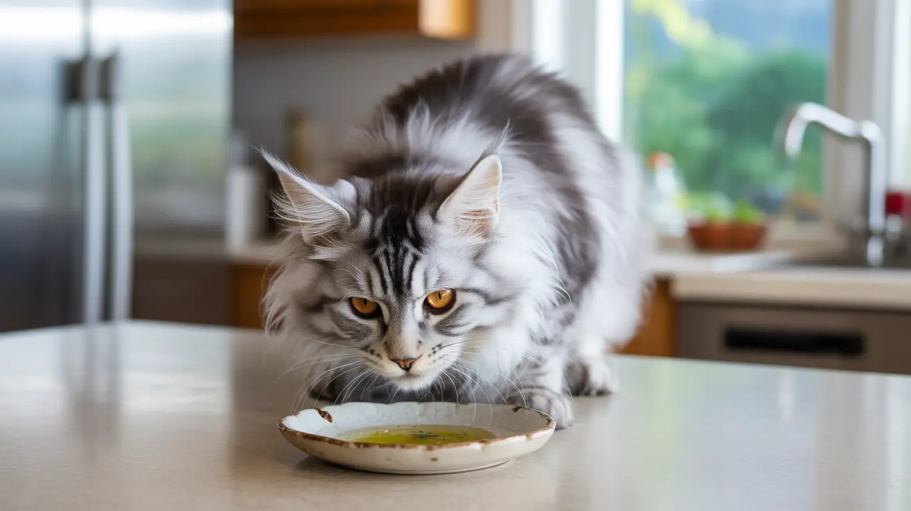 A large, fluffy Maine Coon cat examining a plate in a modern kitchen