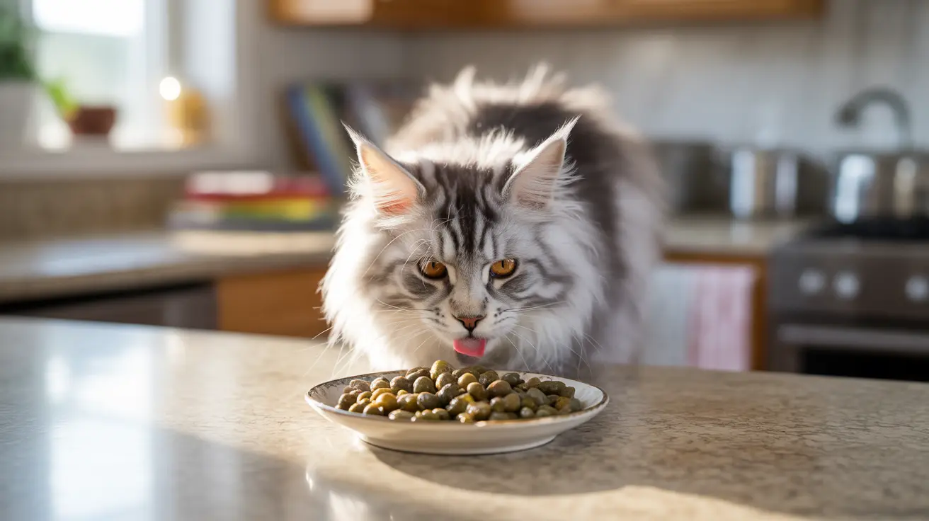 A fluffy Maine Coon cat sitting at a kitchen counter looking intently at a plate of olives with its tongue slightly out