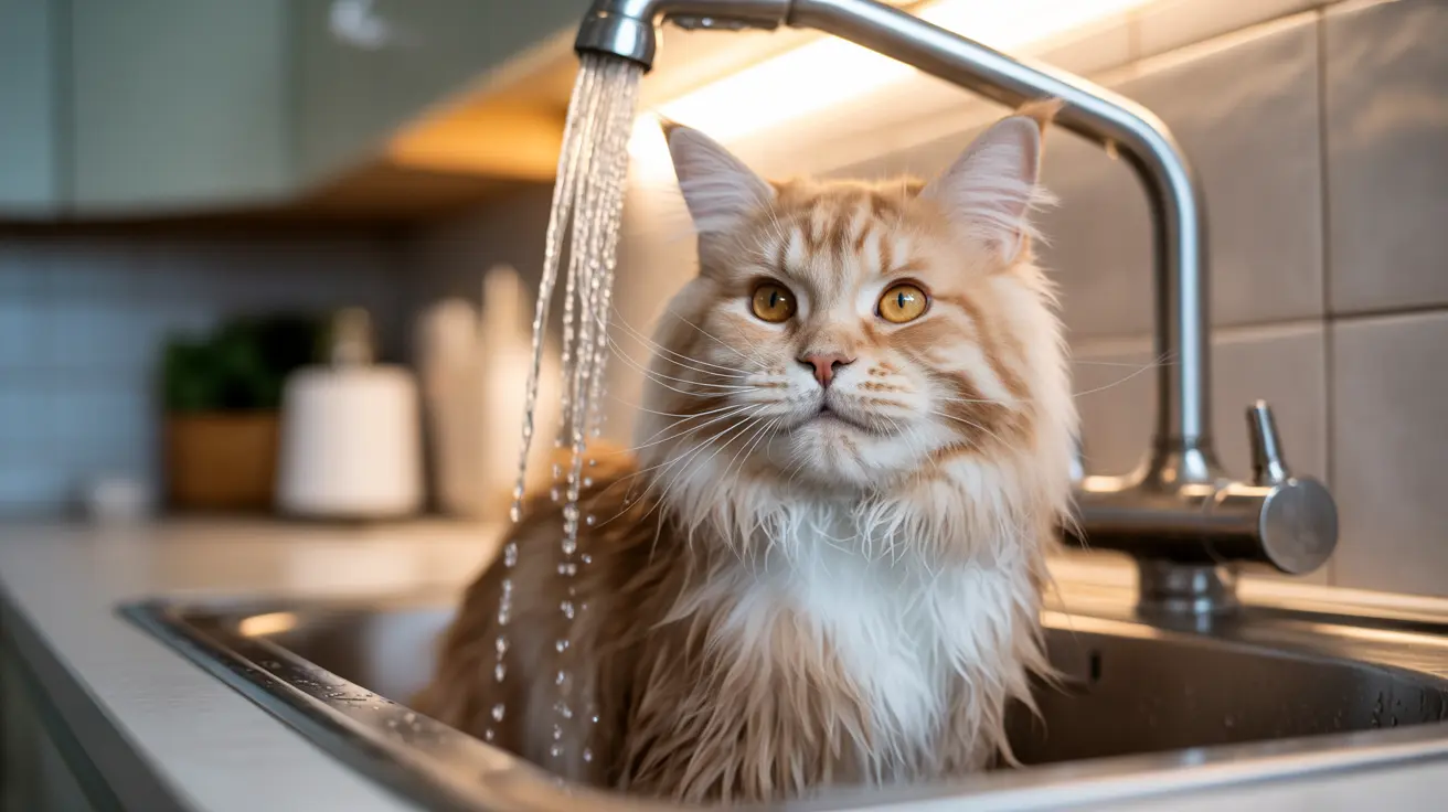 Un Maine Coon cremoso y blanco en el fregadero con agua corriendo