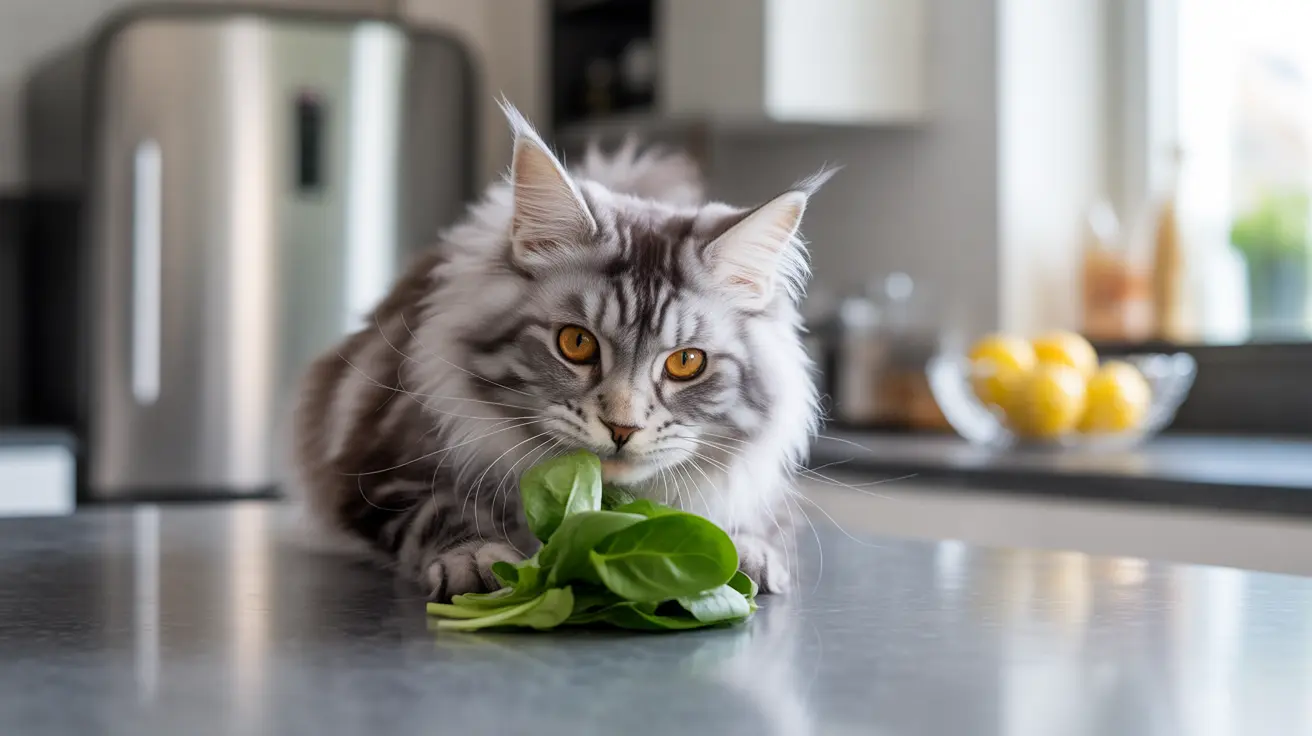 A fluffy silver and white Maine Coon cat sitting on a kitchen counter near green leaves