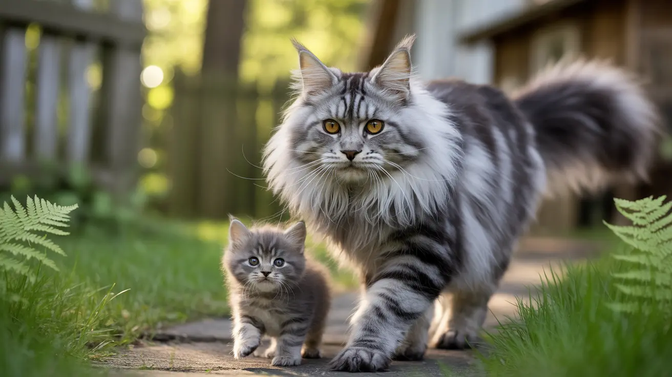 A large Maine Coon cat with a fluffy gray and white coat sitting next to a small gray kitten in a lush green garden setting