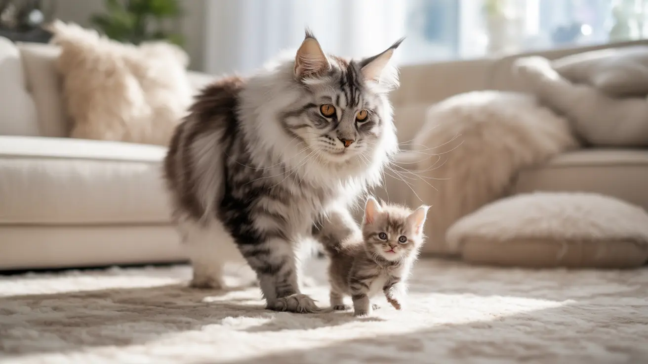 Un gato Maine Coon adulto con un pequeño gatito parados juntos sobre una alfombra suave en una sala de estar