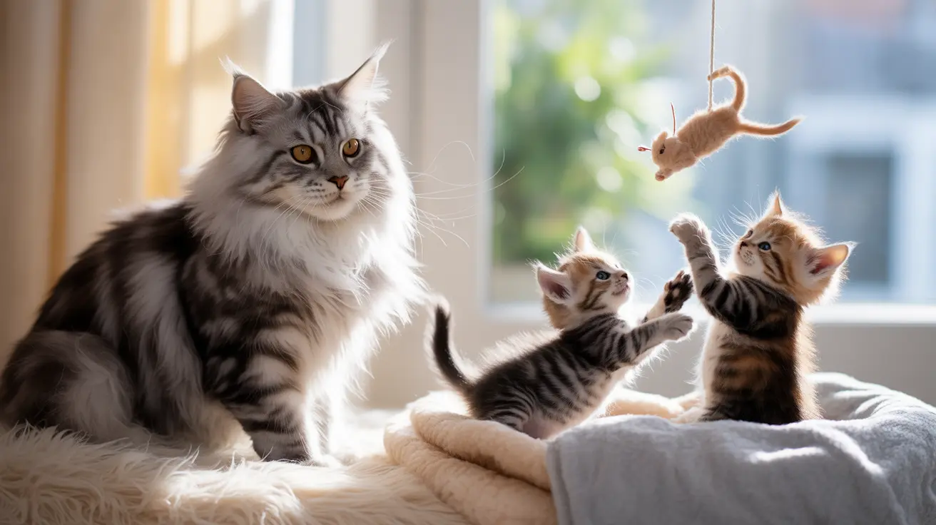 成猫のメインクーンが、吊るされたおもちゃのネズミを狙う遊び好きな子猫二匹の隣に座っている