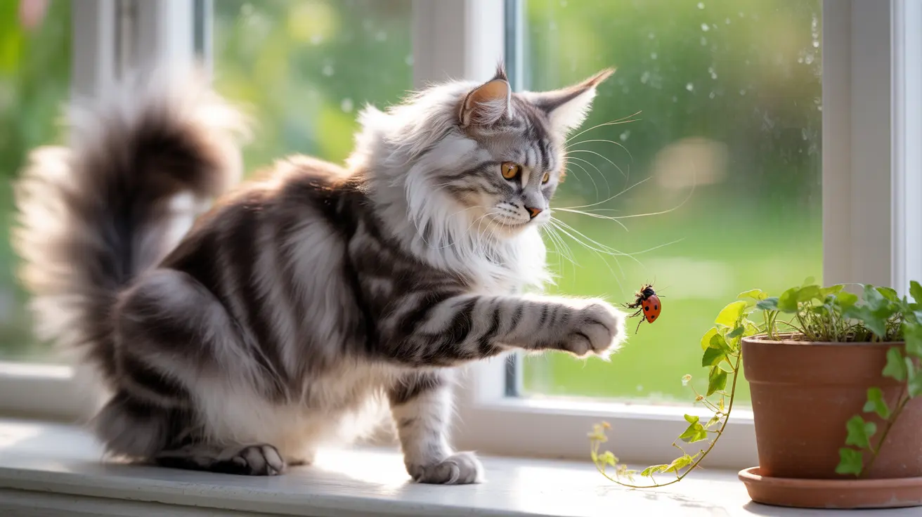 A fluffy Maine Coon cat curiously reaching out towards a ladybug near a potted plant on a windowsill