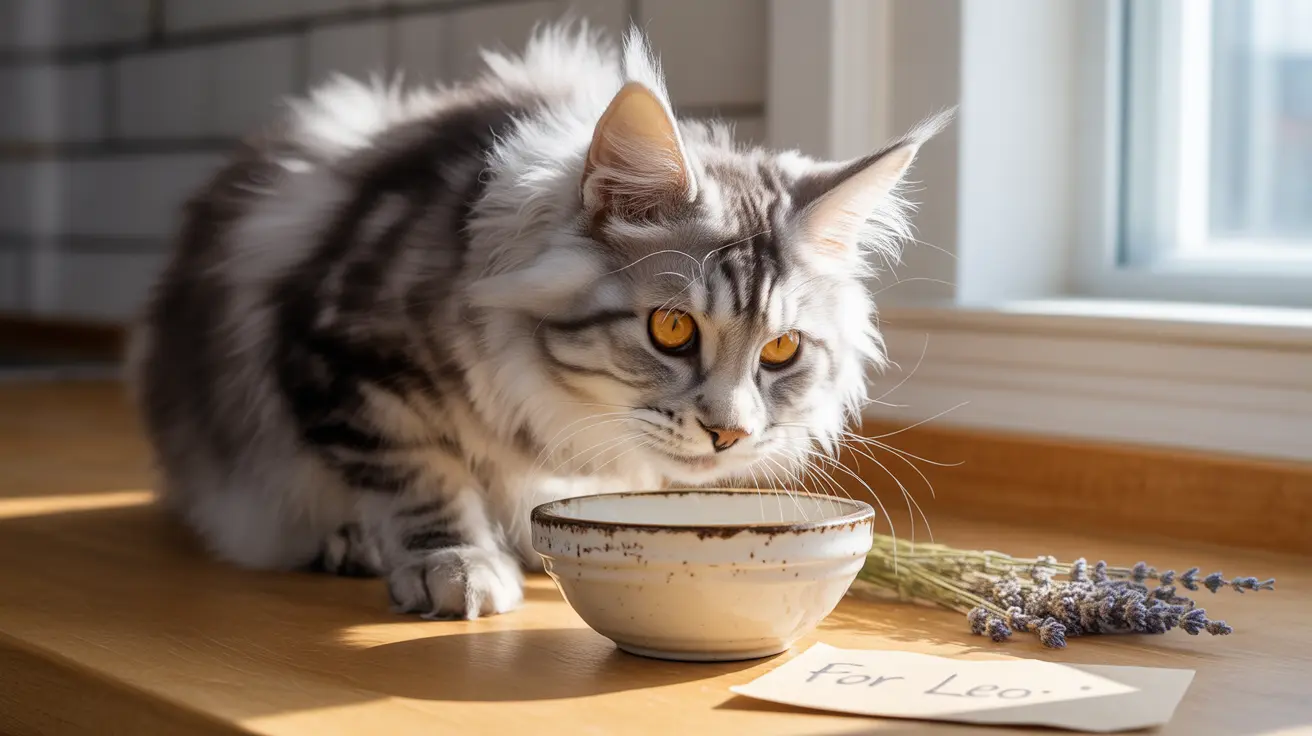 A fluffy silver and white Maine Coon cat sitting near a ceramic bowl with a lavender sprig beside it