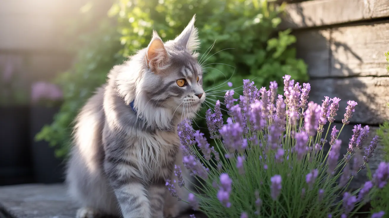 Un majestuoso gato Maine Coon sentado junto a una planta de lavanda en un jardín soleado.