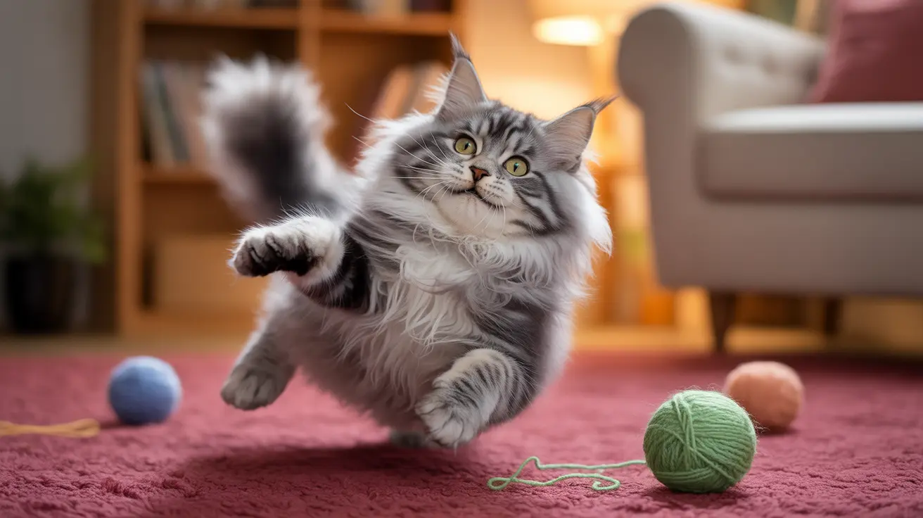 A fluffy Maine Coon cat playfully leaping mid-air surrounded by colorful yarn balls on a pink carpet